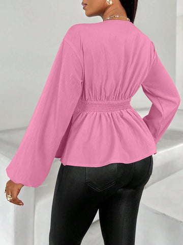 Women's Pleated Ruffle Hem Lantern Sleeve Blouse