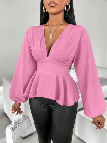 Women's Pleated Ruffle Hem Lantern Sleeve Blouse