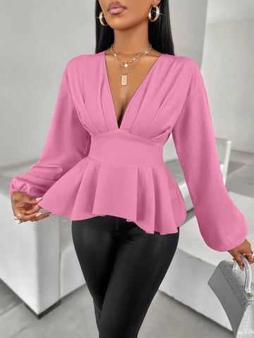 Women's Pleated Ruffle Hem Lantern Sleeve Blouse