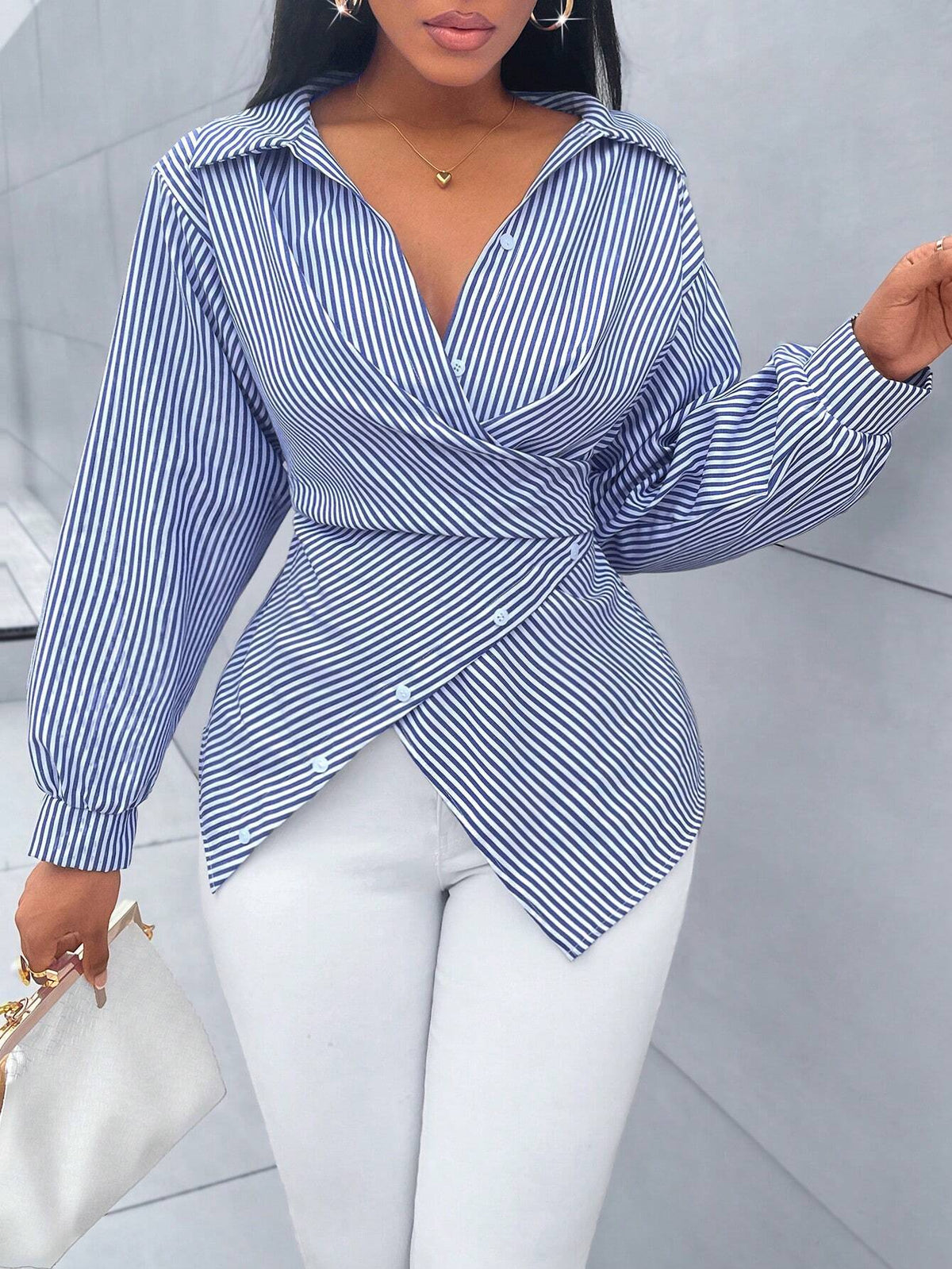 Women's Striped Print Button Front Shirt,Asymmetrical Hem ,Batwing Sleeve,Wrap Blouse,F
