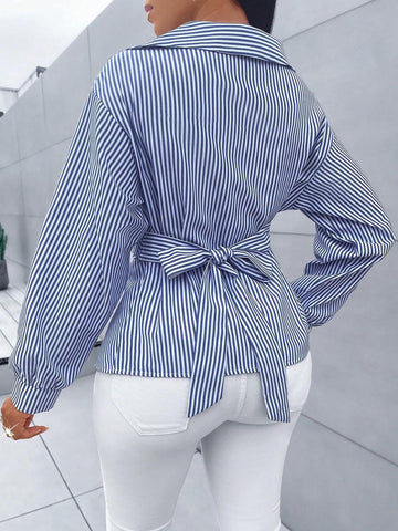 Women's Striped Print Button Front Shirt,Asymmetrical Hem ,Batwing Sleeve,Wrap Blouse,F