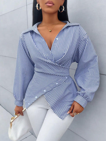 Women's Striped Print Button Front Shirt,Asymmetrical Hem ,Batwing Sleeve,Wrap Blouse,F