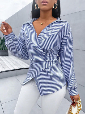 Women's Striped Print Button Front Shirt,Asymmetrical Hem ,Batwing Sleeve,Wrap Blouse,F