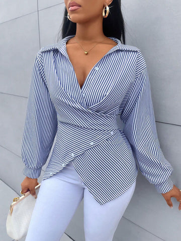 Women's Striped Print Button Front Shirt,Asymmetrical Hem ,Batwing Sleeve,Wrap Blouse,F
