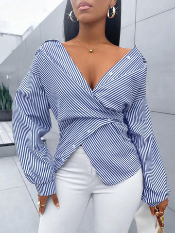 Women's Striped Print Button Front Shirt,Asymmetrical Hem ,Batwing Sleeve,Wrap Blouse,F