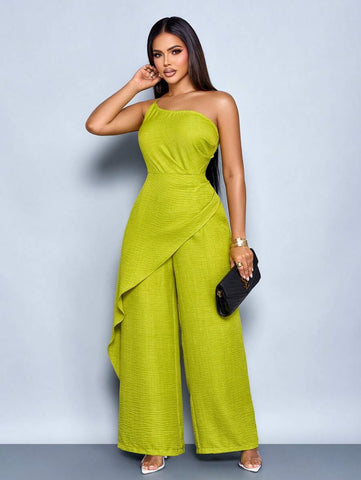 SOLERSUN Women's Summer Vacation Style One Shoulder Waist Ruched Asymmetrical Spliced Straight Jumpsuit