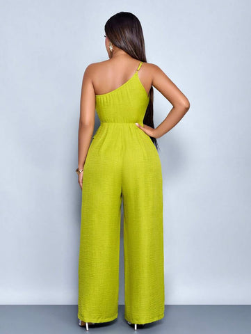 SOLERSUN Women's Summer Vacation Style One Shoulder Waist Ruched Asymmetrical Spliced Straight Jumpsuit