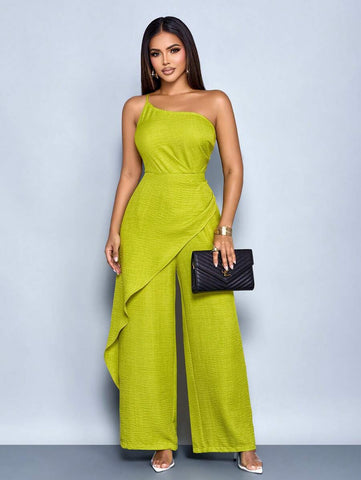 SOLERSUN Women's Summer Vacation Style One Shoulder Waist Ruched Asymmetrical Spliced Straight Jumpsuit