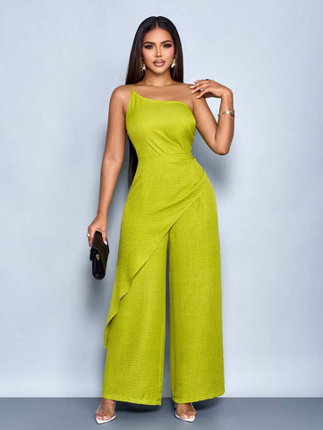 SOLERSUN Women's Summer Vacation Style One Shoulder Waist Ruched Asymmetrical Spliced Straight Jumpsuit