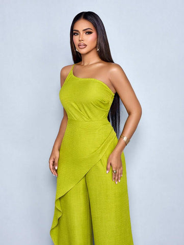 SOLERSUN Women's Summer Vacation Style One Shoulder Waist Ruched Asymmetrical Spliced Straight Jumpsuit