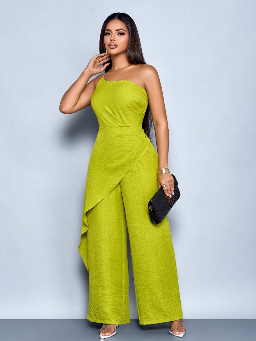 SOLERSUN Women's Summer Vacation Style One Shoulder Waist Ruched Asymmetrical Spliced Straight Jumpsuit