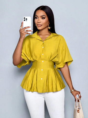 Women's Vacation V Neck Batwing Sleeve Cotton Blends Pleated Waist Slim Fit French Design Blouse