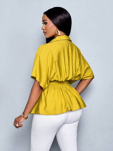 Women's Vacation V Neck Batwing Sleeve Cotton Blends Pleated Waist Slim Fit French Design Blouse