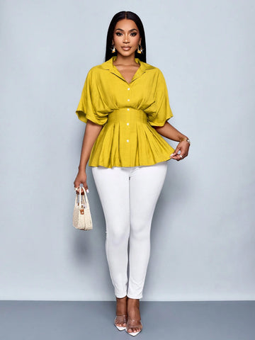 Women's Vacation V Neck Batwing Sleeve Cotton Blends Pleated Waist Slim Fit French Design Blouse