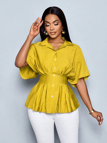 Women's Vacation V Neck Batwing Sleeve Cotton Blends Pleated Waist Slim Fit French Design Blouse