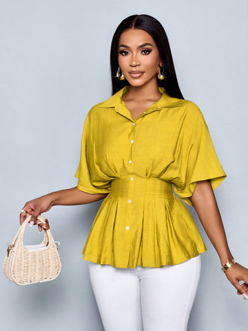 Women's Vacation V Neck Batwing Sleeve Cotton Blends Pleated Waist Slim Fit French Design Blouse