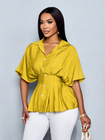Women's Vacation V Neck Batwing Sleeve Cotton Blends Pleated Waist Slim Fit French Design Blouse