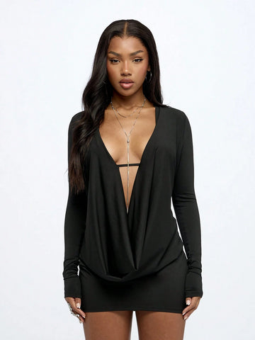 WOMEN Cowl Plunge Front Backless Long Sleeve Mini Dress