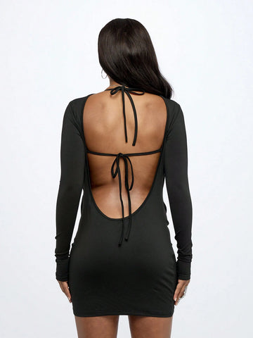 WOMEN Cowl Plunge Front Backless Long Sleeve Mini Dress