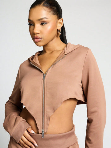 SUMWON WOMEN Cropped Zip Up Hoodie And Fold Over Wide Leg Trouser Set