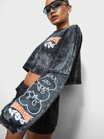 Long Sleeve Slouchy Washed Crop Tee With Brooklyn NYC & Number Graphic Print