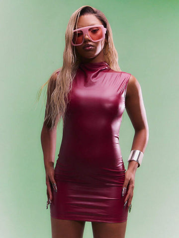 WOMEN PU High Neck Bodycon Mini Dress Halloween