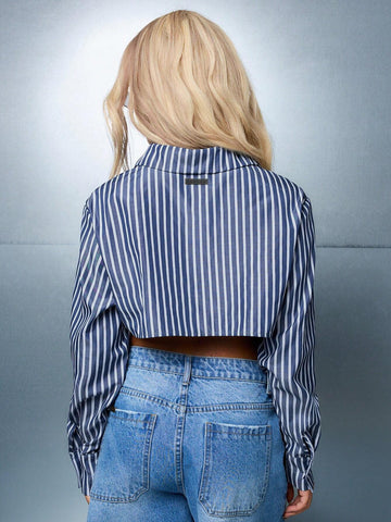 Stripe Collar Full Sleeves Crop Shirt