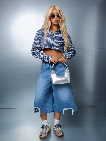 Stripe Collar Full Sleeves Crop Shirt