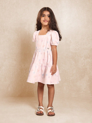 Young Girls Balloon Sleeve Butterfly Printed Dress