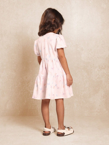 Young Girls Balloon Sleeve Butterfly Printed Dress