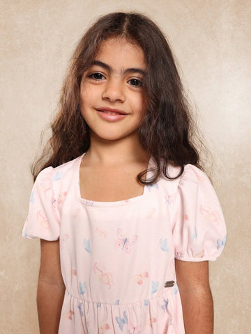 Young Girls Balloon Sleeve Butterfly Printed Dress
