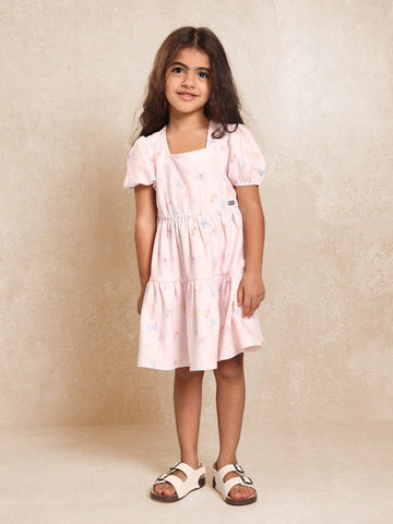 Young Girls Balloon Sleeve Butterfly Printed Dress