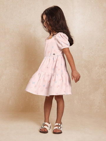 Young Girls Balloon Sleeve Butterfly Printed Dress