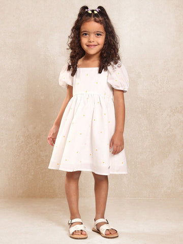 Young Girls Balloon Sleeve Dress With Embroidered Daisy Flower