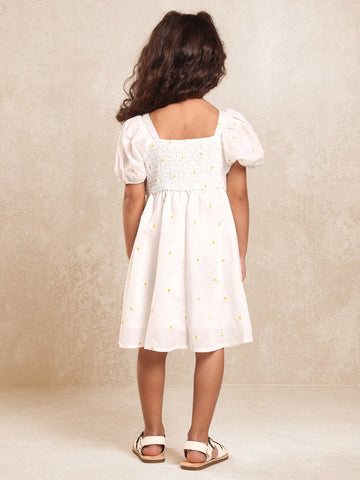 Young Girls Balloon Sleeve Dress With Embroidered Daisy Flower