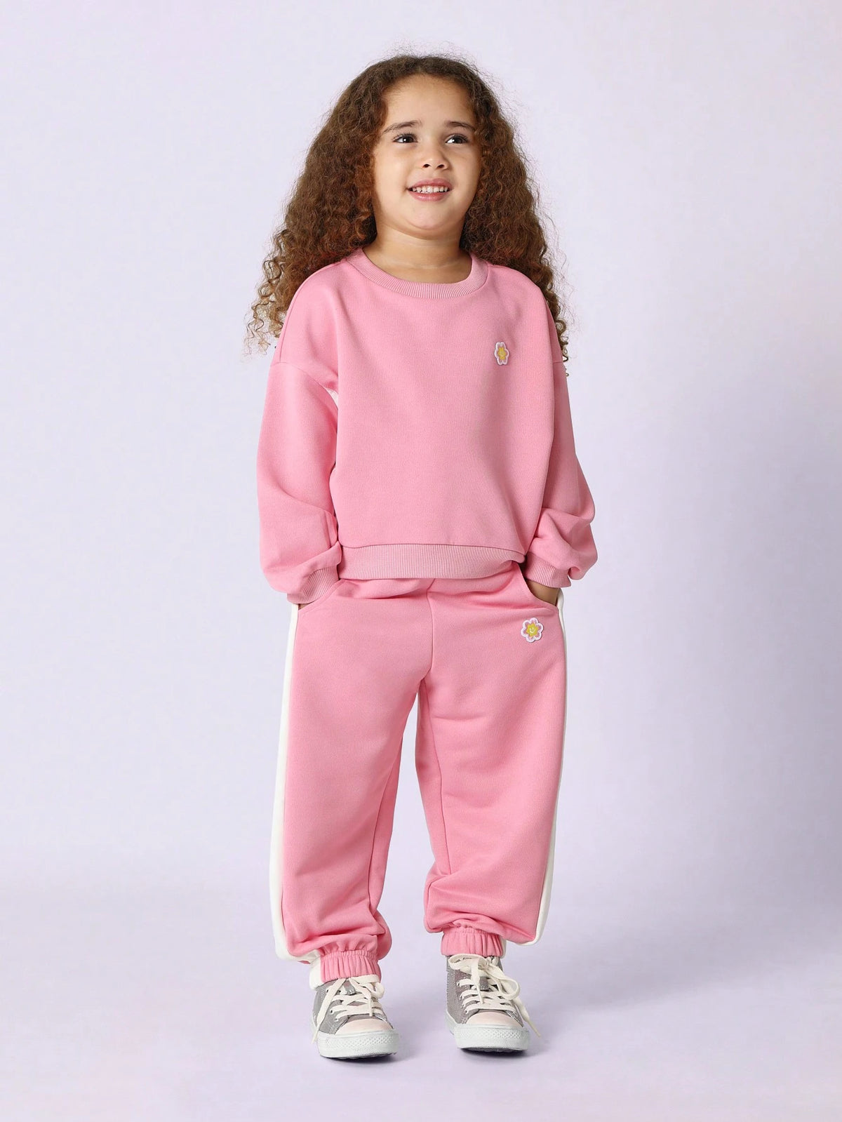 Young Girls Comfy Crew Neck Colour Block Sweatshirt With Small Embroidered Sunflower