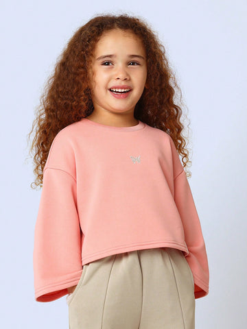 Young Girls Comfy Crop Fit Flare Sleeve Sweatshirts With Small Embroidery Pattern