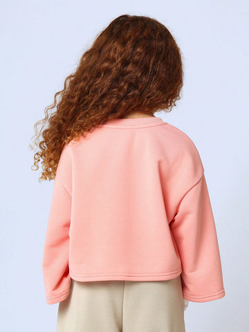 Young Girls Comfy Crop Fit Flare Sleeve Sweatshirts With Small Embroidery Pattern