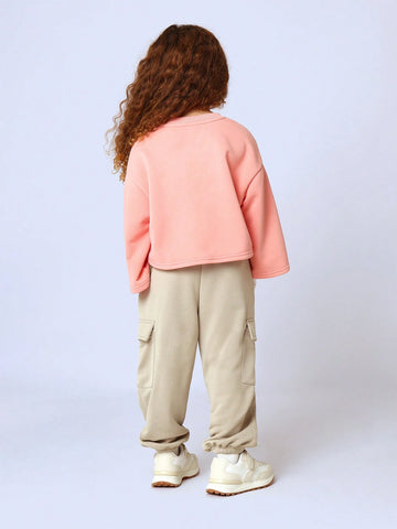 Young Girls Comfy Crop Fit Flare Sleeve Sweatshirts With Small Embroidery Pattern