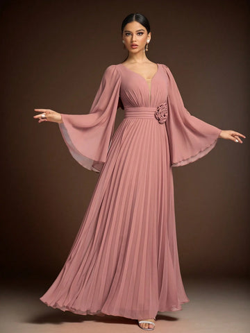 SUPGIR V-Neck, Bell Sleeve, Waist Floral Decor, Pleated Chiffon Formal Dress