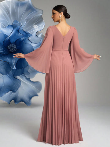 SUPGIR V-Neck, Bell Sleeve, Waist Floral Decor, Pleated Chiffon Formal Dress