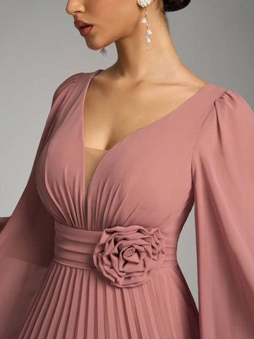 SUPGIR V-Neck, Bell Sleeve, Waist Floral Decor, Pleated Chiffon Formal Dress