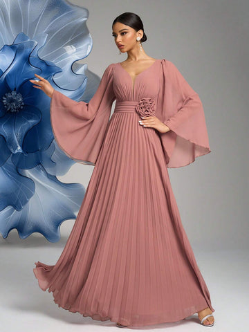 SUPGIR V-Neck, Bell Sleeve, Waist Floral Decor, Pleated Chiffon Formal Dress