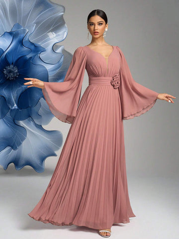 SUPGIR V-Neck, Bell Sleeve, Waist Floral Decor, Pleated Chiffon Formal Dress