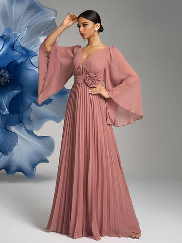 SUPGIR V-Neck, Bell Sleeve, Waist Floral Decor, Pleated Chiffon Formal Dress