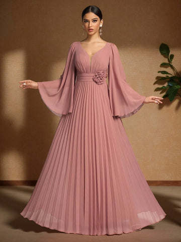 SUPGIR V-Neck, Bell Sleeve, Waist Floral Decor, Pleated Chiffon Formal Dress