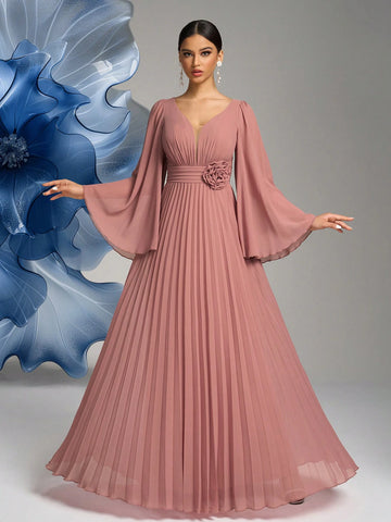 SUPGIR V-Neck, Bell Sleeve, Waist Floral Decor, Pleated Chiffon Formal Dress