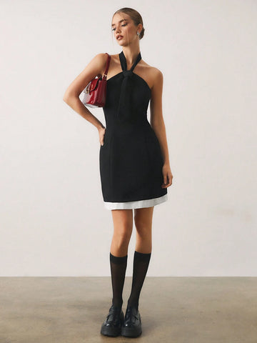 Women's Colorblock Halter Backless Sexy Sleeveless Mini Dress