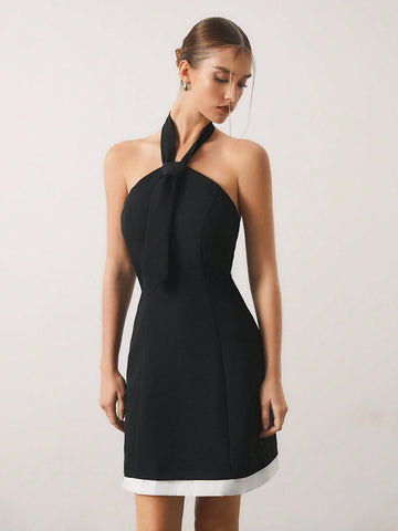 Women's Colorblock Halter Backless Sexy Sleeveless Mini Dress
