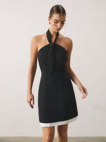 Women's Colorblock Halter Backless Sexy Sleeveless Mini Dress